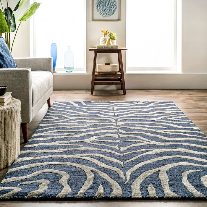 Navy Blue Wool Zebra Print Area Rug 120x180 cm