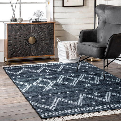 Navy Checkered Non-Slip Area Rug With Tassels 140x200 cm