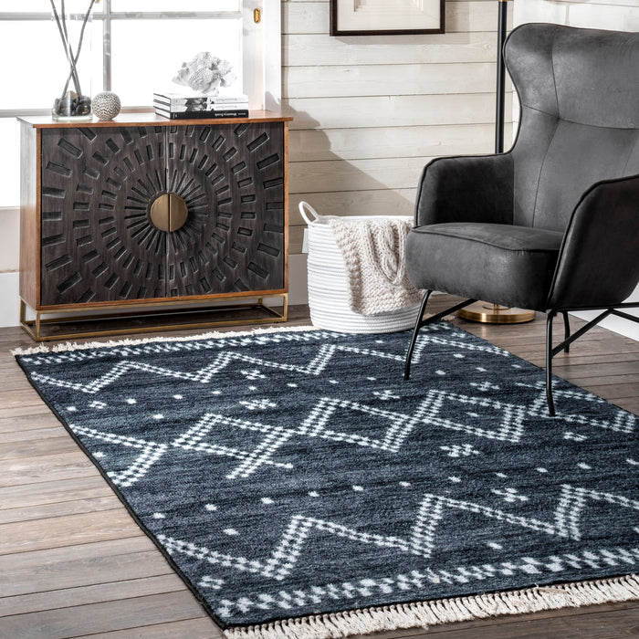Navy Checkered Non-Slip Area Rug With Tassels 140x200 cm