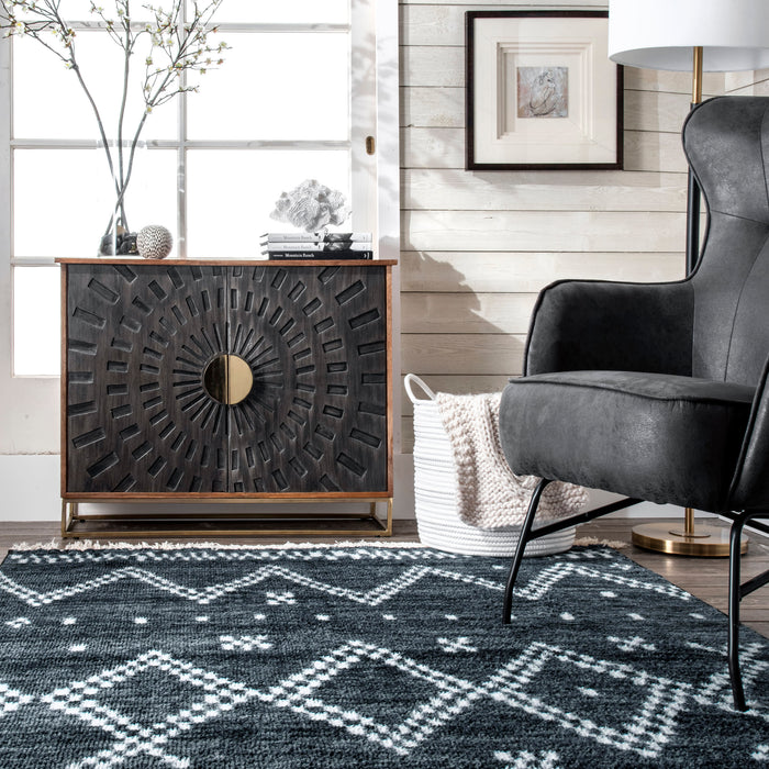 Navy Checkered Non-Slip Area Rug With Tassels 140x200 cm