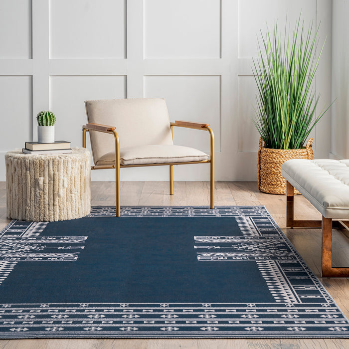 Navy Geometric Machine Washable Area Rug 160x230 cm