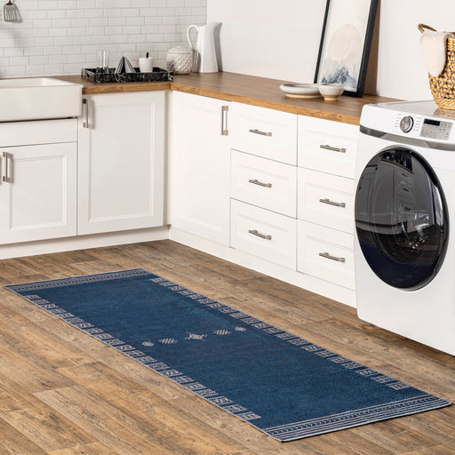 Navy Geometric Washable Area Rug for Busy Homes