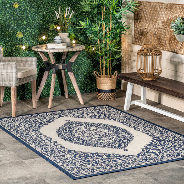 Navy Iris Medallion Area Rug for Indoor and Outdoor Use