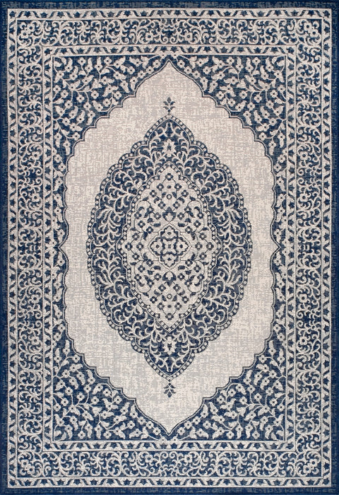 Navy Iris Medallion Area Rug for Indoor and Outdoor Use