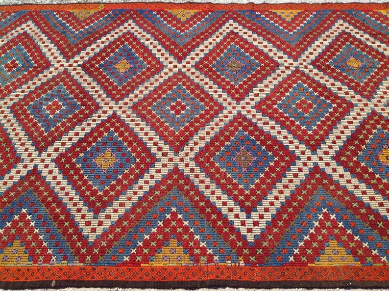 Navy Kilim Rug 340cm x 190cm Handcrafted Vintage Design