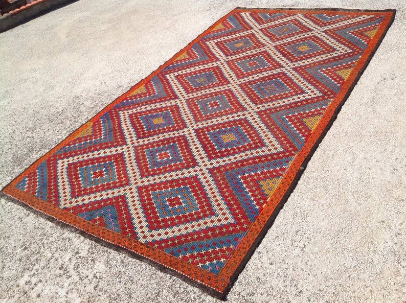Navy Kilim Rug 340cm x 190cm Handcrafted Vintage Design