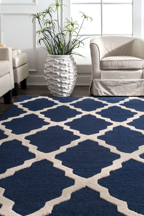 Navy Moroccan Trellis Wool Rug for Contemporary Decor