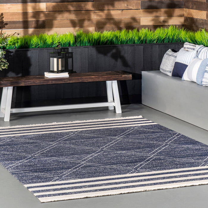 Navy Stripe Pattern Indoor Outdoor Rug 152Cm