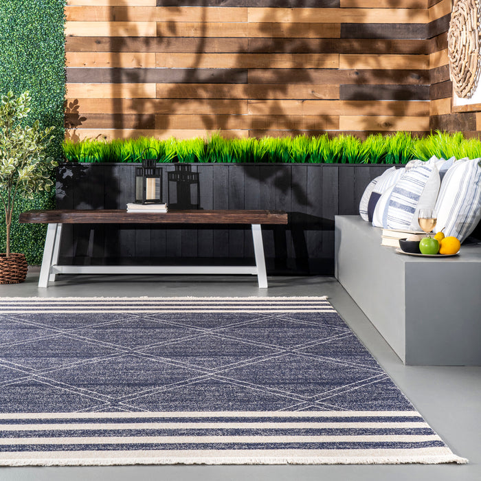 Navy Stripe Pattern Indoor Outdoor Rug 152Cm