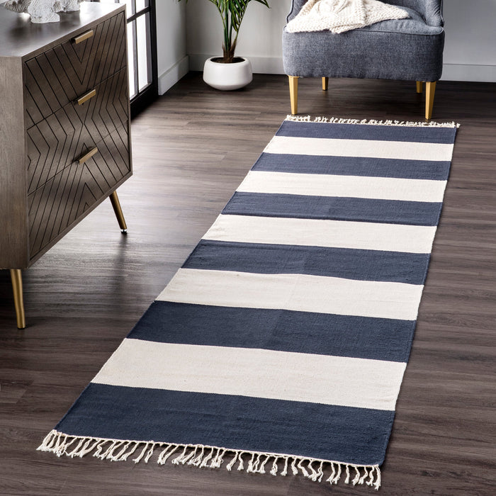 Navy Striped Flatweave Rug With Tassels 120x180 cm