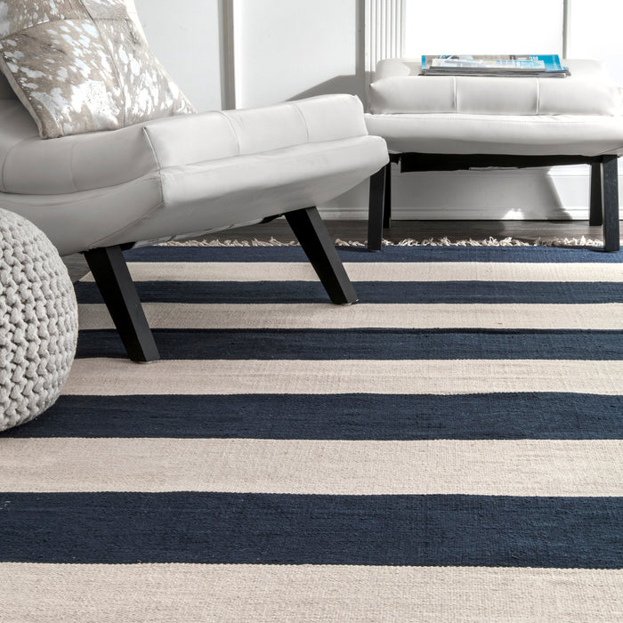 Navy Striped Flatweave Rug With Tassels 120x180 cm