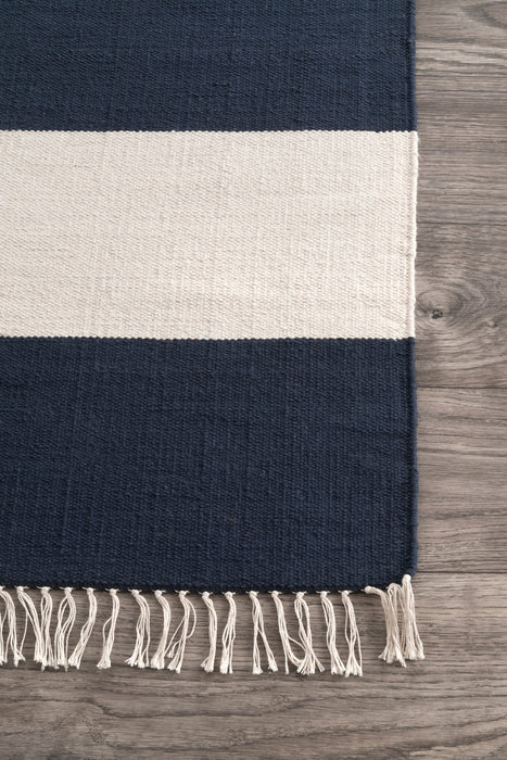 Navy Striped Flatweave Tassel Area Rug in Multiple Sizes