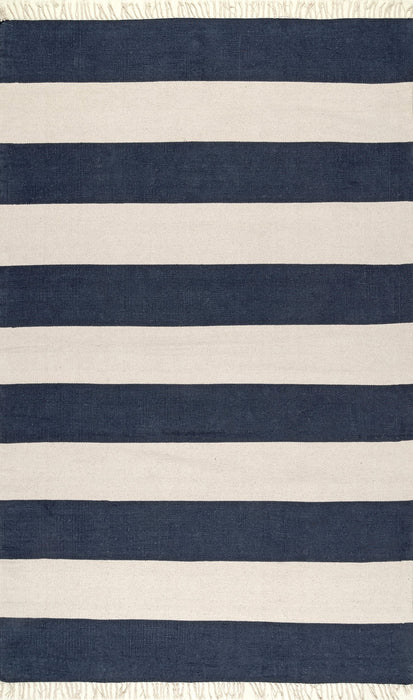 Navy Striped Flatweave Tassel Area Rug in Multiple Sizes