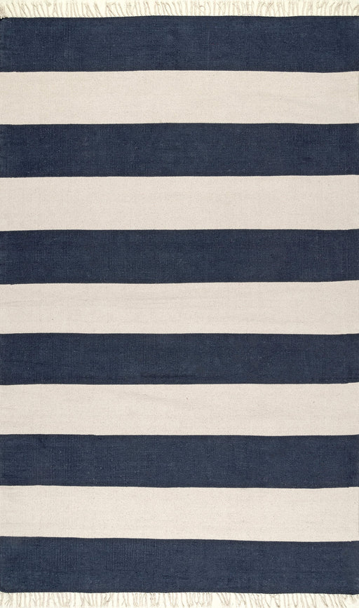 Navy Striped Flatweave Tassel Area Rug in Multiple Sizes