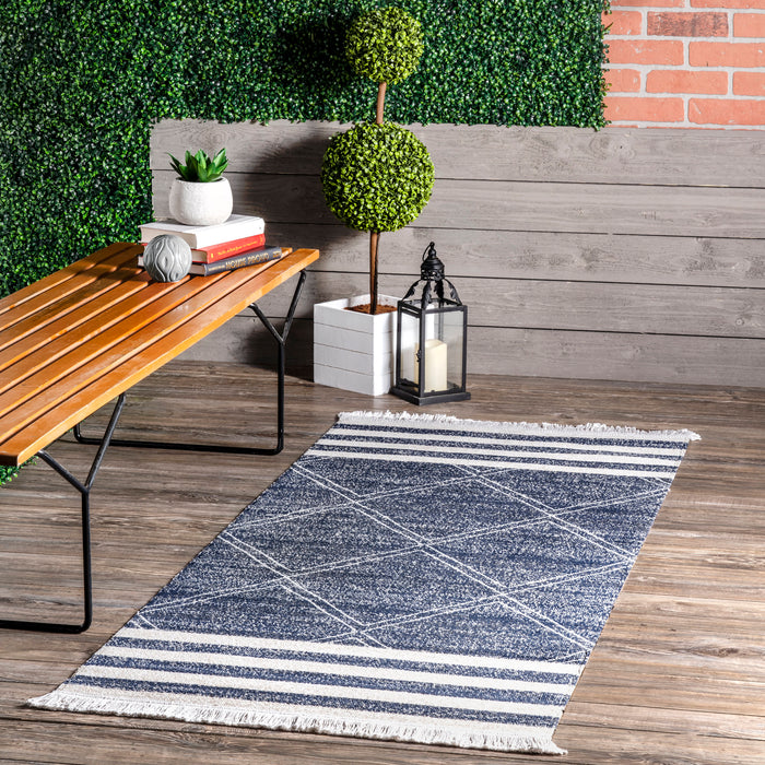 Navy Striped Fringe Indoor Outdoor Area Rug