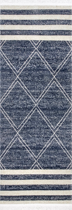 Navy Striped Fringe Indoor Outdoor Area Rug