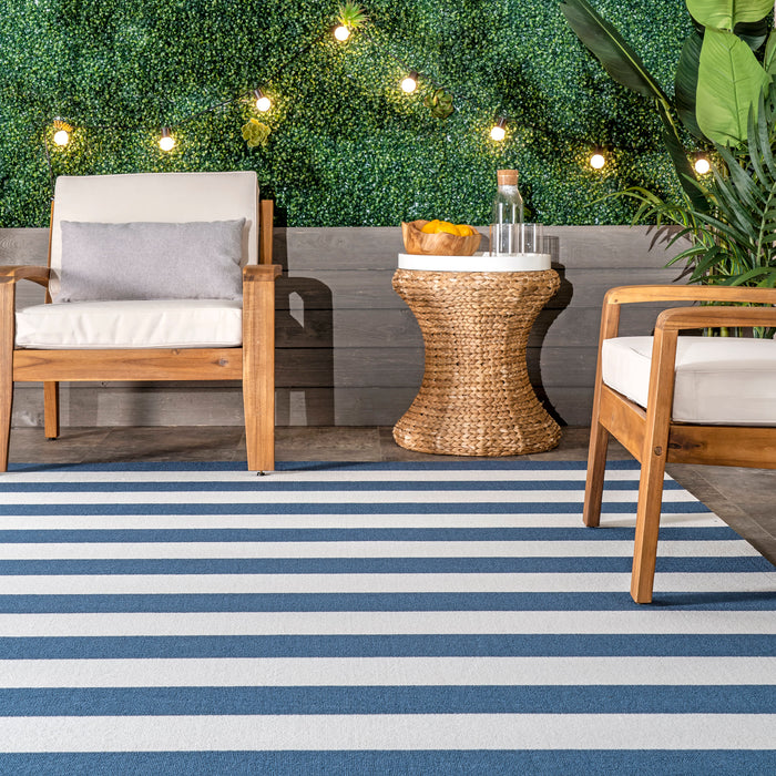 Navy Striped Indoor Outdoor Area Rug 152Cm