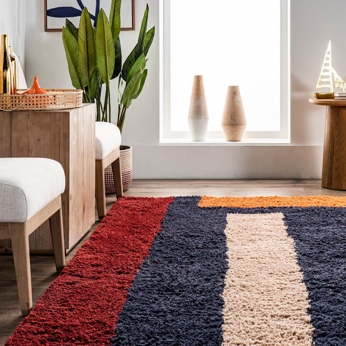 Navy Striped Wool Area Rug 150x240 cm