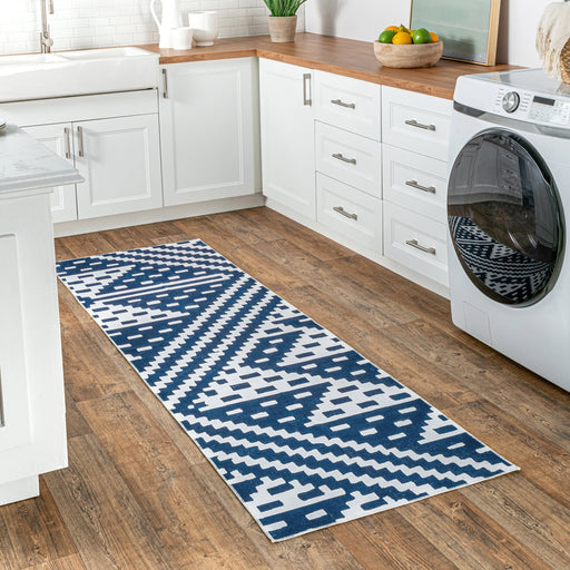 Navy Washable Trellis Area Rug for Homes with Kids and Pets