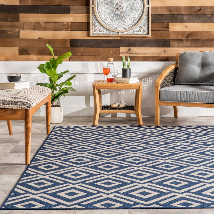 Navy Winged Birdseye Lattice Area Rug for Indoors Outdoors