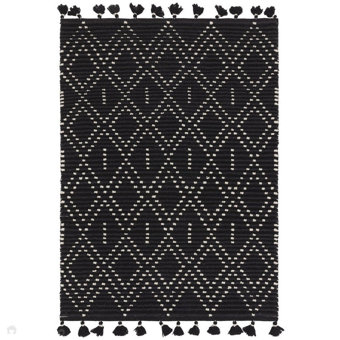 Nepal Diamond Moroccan Berber Boho Geometric Hand-Woven Ribbed Textured Wool Flatweave Black/Cream Rug