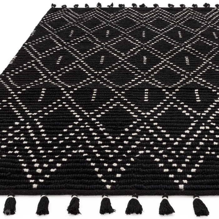 Nepal Diamond Moroccan Berber Boho Geometric Hand-Woven Ribbed Textured Wool Flatweave Black/Cream Rug