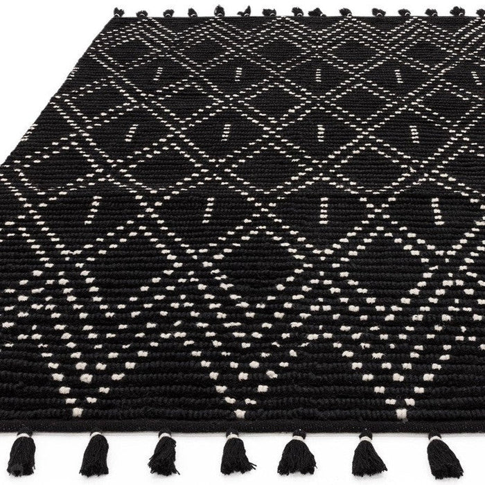 Nepal Diamond Moroccan Berber Boho Geometric Hand-Woven Ribbed Textured Wool Flatweave Black/Cream Rug