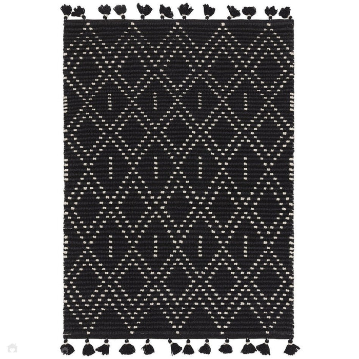 Nepal Diamond Moroccan Berber Boho Geometric Hand-Woven Ribbed Textured Wool Flatweave Black/Cream Rug