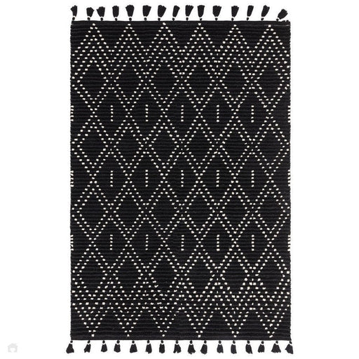 Nepal Diamond Moroccan Berber Boho Geometric Hand-Woven Ribbed Textured Wool Flatweave Black/Cream Rug