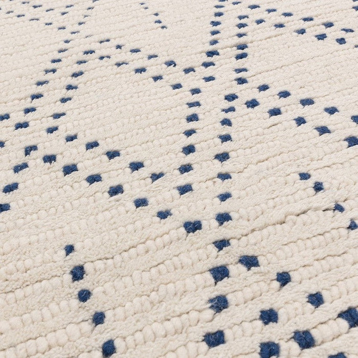 Nepal Diamond Moroccan Berber Boho Geometric Hand-Woven Ribbed Textured Wool Flatweave Cream/Blue Rug