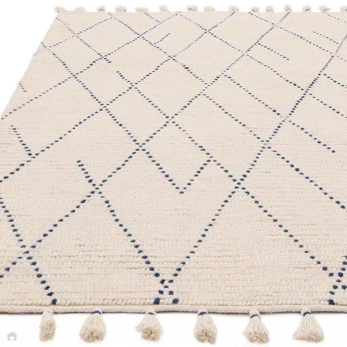 Nepal Linear Moroccan Berber Boho Geometric Hand-Woven Ribbed Textured Wool Flatweave Cream/Blue Rug