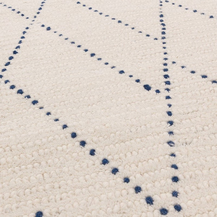 Nepal Linear Moroccan Berber Boho Geometric Hand-Woven Ribbed Textured Wool Flatweave Cream/Blue Rug