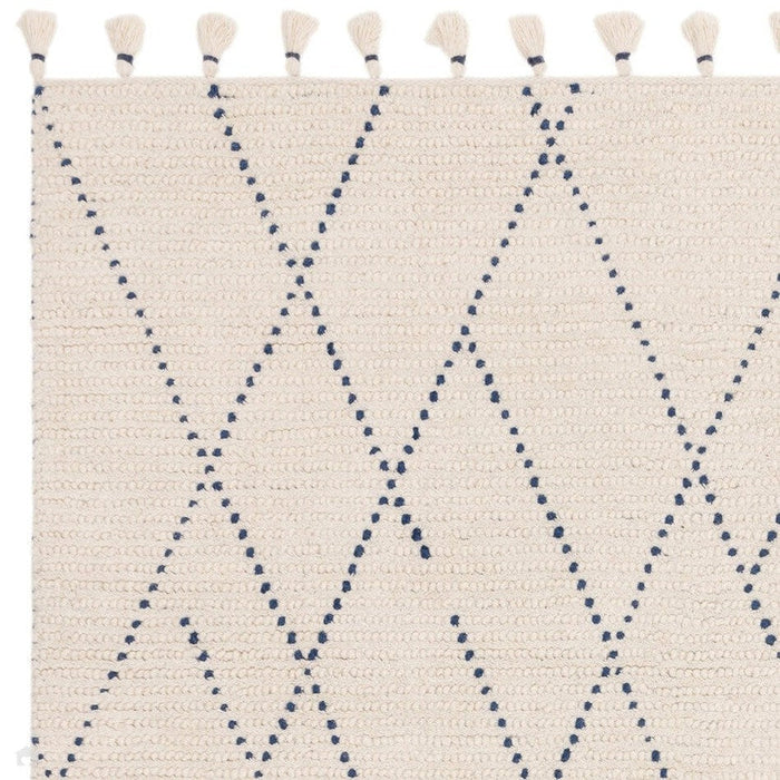 Nepal Linear Moroccan Berber Boho Geometric Hand-Woven Ribbed Textured Wool Flatweave Cream/Blue Rug