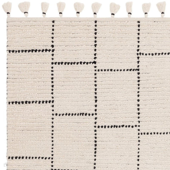 Nepal Tile Moroccan Berber Boho Geometric Hand-Woven Ribbed Textured Wool Flatweave Cream/Black Rug