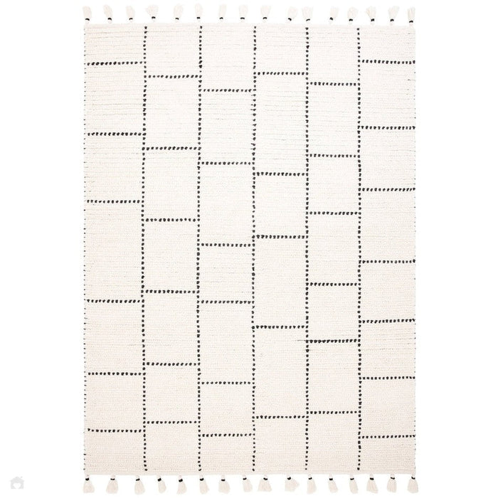 Nepal Tile Moroccan Berber Boho Geometric Hand-Woven Ribbed Textured Wool Flatweave Cream/Black Rug