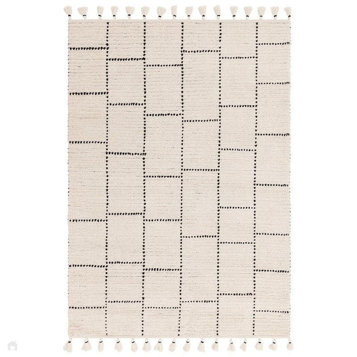 Nepal Tile Moroccan Berber Boho Geometric Hand-Woven Ribbed Textured Wool Flatweave Cream/Black Rug