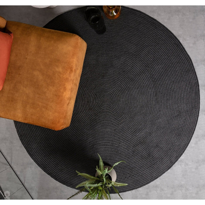 Nico Modern Plain Tonal Hand-Braided Polyester Flatweave In-Outdoor Round Charcoal Rug