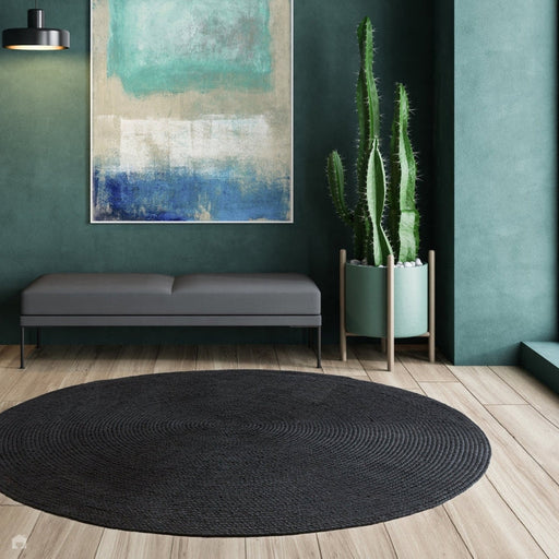 Nico Modern Plain Tonal Hand-Braided Polyester Flatweave In-Outdoor Round Charcoal Rug