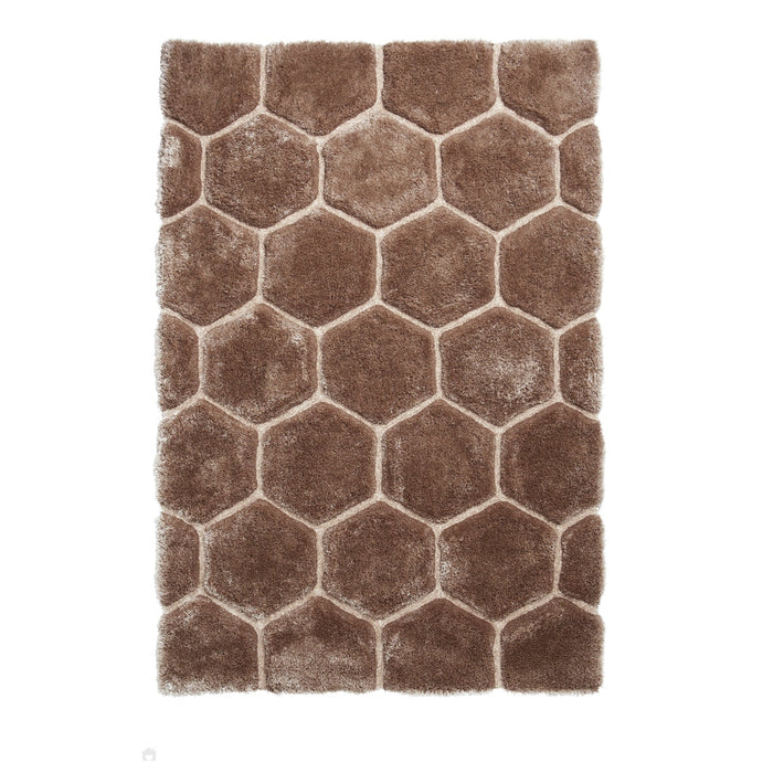 Noble House NH30782 Plush Geometric 3D Hexagon Hand-Carved High-Density Acrylic Shaggy Beige/Brown Rug