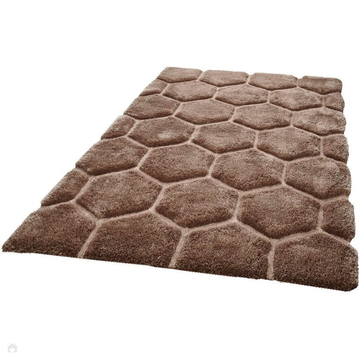 Noble House NH30782 Plush Geometric 3D Hexagon Hand-Carved High-Density Acrylic Shaggy Beige/Brown Rug