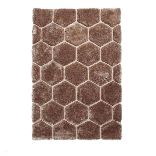 Noble House NH30782 Plush Geometric 3D Hexagon Hand-Carved High-Density Acrylic Shaggy Beige/Brown Rug