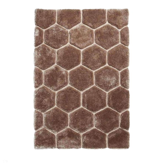 Noble House NH30782 Plush Geometric 3D Hexagon Hand-Carved High-Density Acrylic Shaggy Beige/Brown Rug