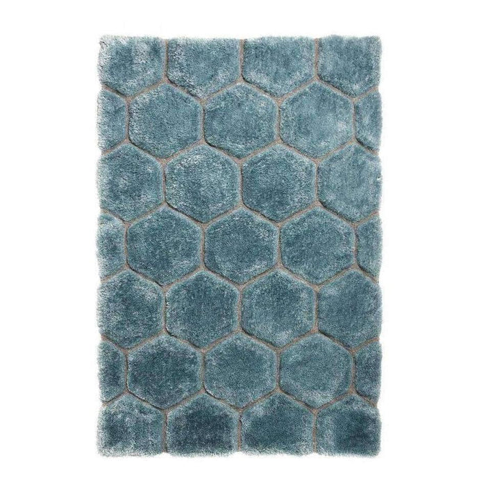 Noble House NH30782 Plush Geometric 3D Hexagon Hand-Carved High-Density Acrylic Shaggy Blue Rug