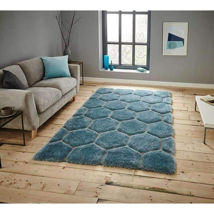 Noble House NH30782 Plush Geometric 3D Hexagon Hand-Carved High-Density Acrylic Shaggy Blue Rug