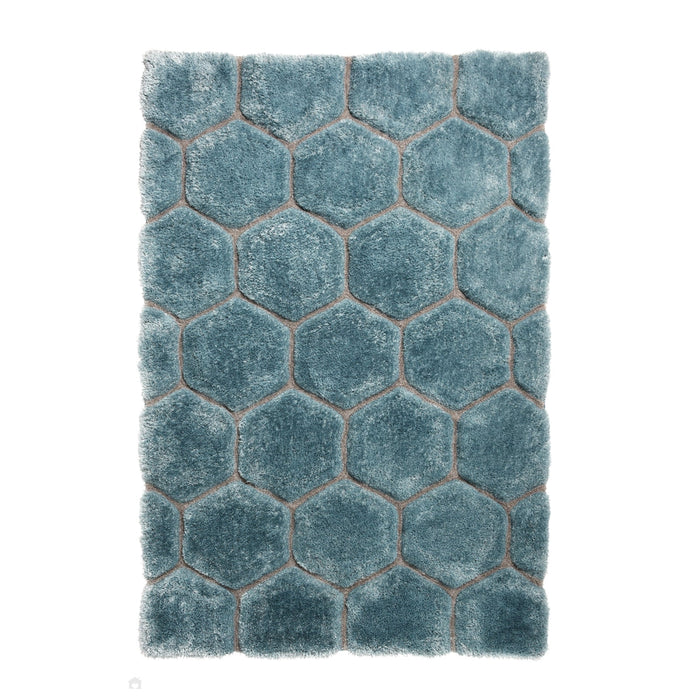 Noble House NH30782 Plush Geometric 3D Hexagon Hand-Carved High-Density Acrylic Shaggy Blue Rug