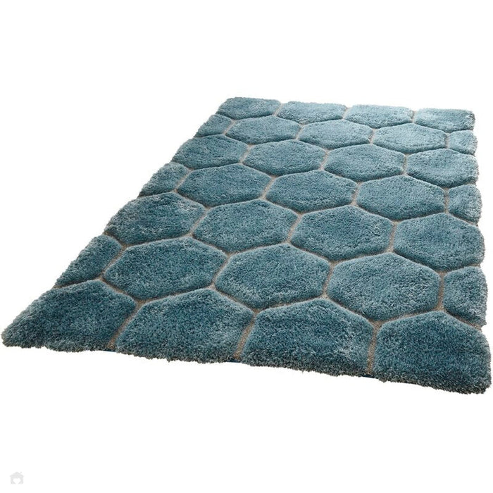 Noble House NH30782 Plush Geometric 3D Hexagon Hand-Carved High-Density Acrylic Shaggy Blue Rug