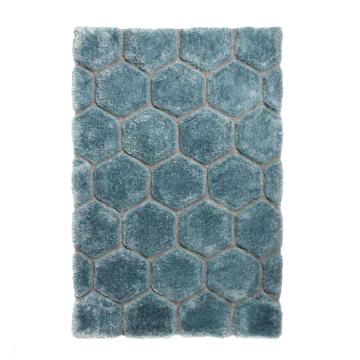 Noble House NH30782 Plush Geometric 3D Hexagon Hand-Carved High-Density Acrylic Shaggy Blue Rug