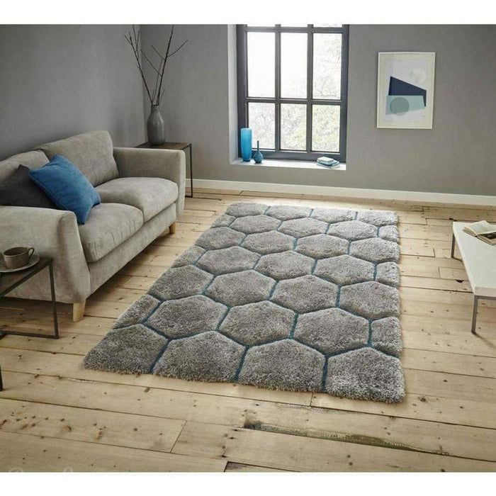 Noble House NH30782 Plush Geometric 3D Hexagon Hand-Carved High-Density Acrylic Shaggy Grey/Blue Rug