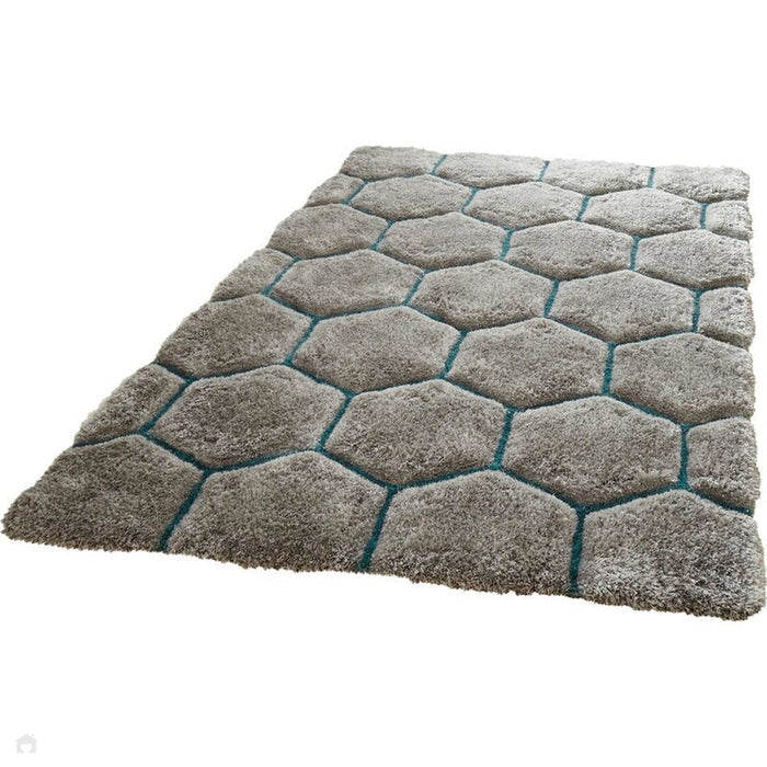 Noble House NH30782 Plush Geometric 3D Hexagon Hand-Carved High-Density Acrylic Shaggy Grey/Blue Rug