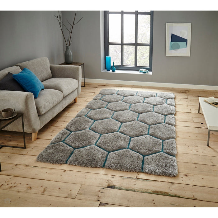 Noble House NH30782 Plush Geometric 3D Hexagon Hand-Carved High-Density Acrylic Shaggy Grey/Blue Rug